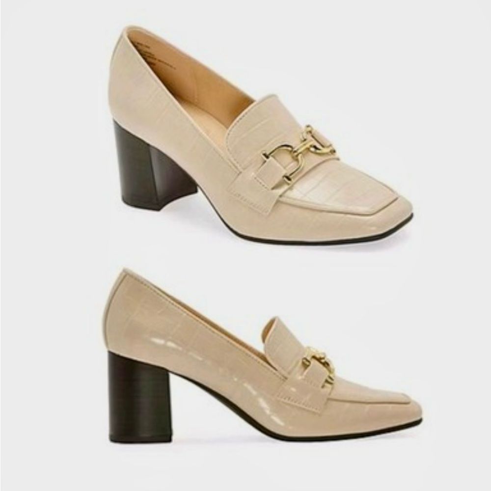 Liz Claiborne Malone Faux Croc Leather Block Heel Loafers Cream Women’s 8.5, NWT
